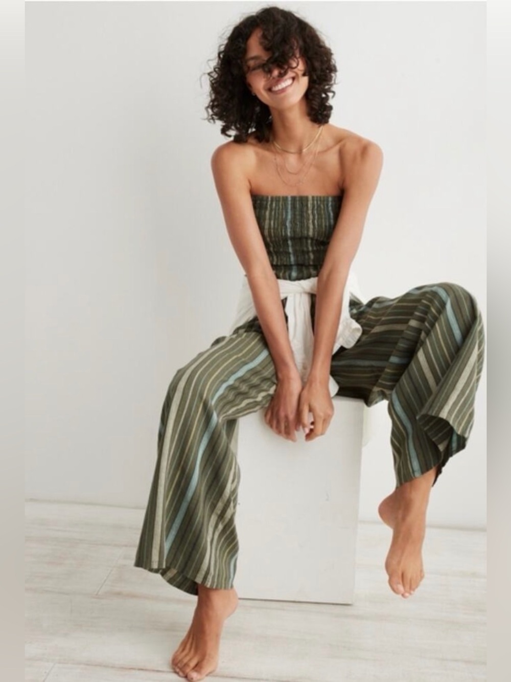 Aerie Olive Green Striped Linen Blend Smocked Strapless Jumpsuit